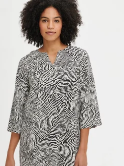 JÄLKI lyhyt kangasmekko - musta-luonnonvalkoinen